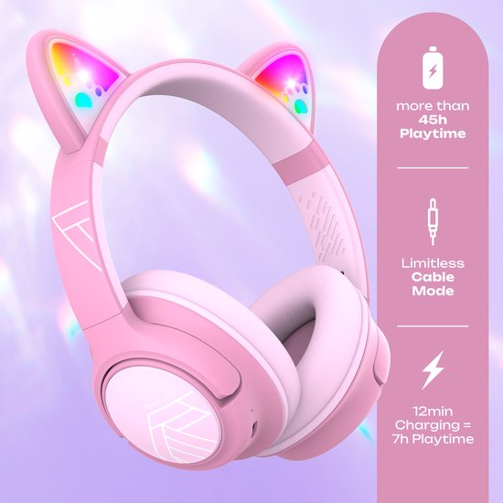 PowerLocus Bobo - Draadloze Koptelefoon voor Kinderen - Bluetooth koptelefoon - 74/85/94dB Volumebegrenzing - Katten Oortjes - Led Verlichting - Roze