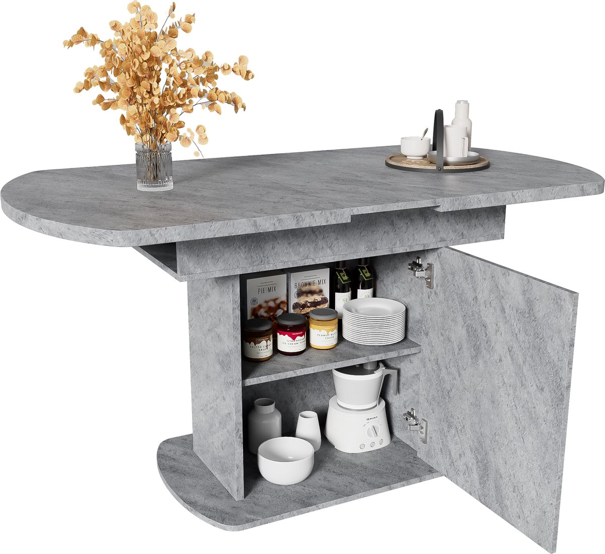 Merax Uitschuifbare Ovale Eettafel – 110-130 x 70 cm – Betonlook Tafelblad met Opbergruimte – Moderne Keukentafel met Zilveren Handgreep – Grijs – Voor 4 tot 6 Personen