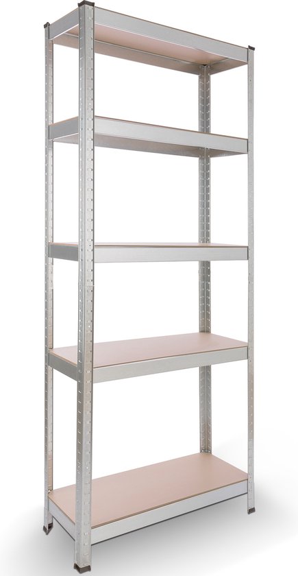AREBOS opbergrek met zilverkleurige metalen frame en 5 lichte houten planken, staand op een witte achtergrond.