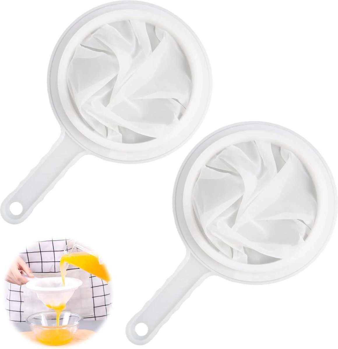 Filterzeef 200-400 mesh plastic zeef - set van 2 - met handvat en hangend gat - keukennetzeef - ultrafijne fijne zeef - voor sap melk sojamelk en koffie .