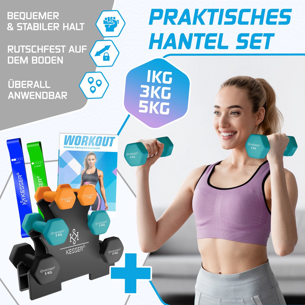 KESSER® Dumbells Set 3 Paren (2x 1, 2 & 5kg) = 18 kg totaal | 6x Dumbbells verstelbaar Geschikt voor Fitness Zumba & Aerobics | Halters Gewichten Set met Standaard | Halterset met oefeningenboekje, 2x fitnessbanden – foto 3
