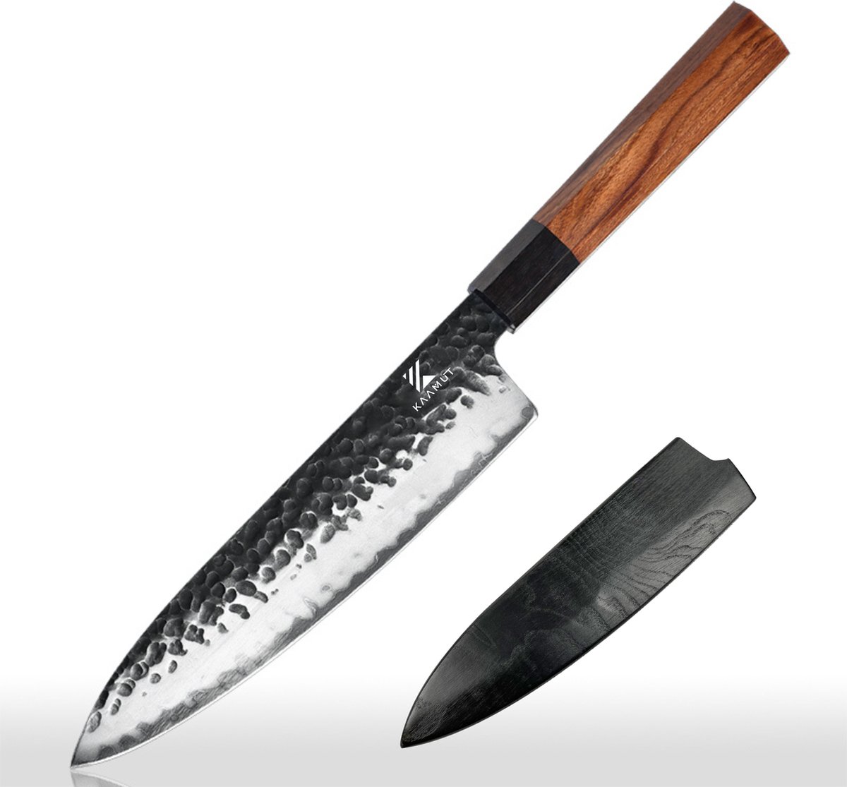 KAAMUT® Chefmes 20 cm 3 Lagen Damascusstaal – Kern van AUS-10 Japans Staal – Vlijmscherp – Professioneel Koksmes – Zwarte Finish – Massief Houten Handvat – Met Houten Schede