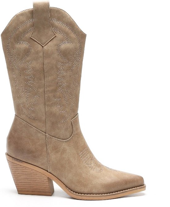 SmileFavorites® Bottes de cow-boy à talon pour femme - Kaki - Simili cuir - Taille 36