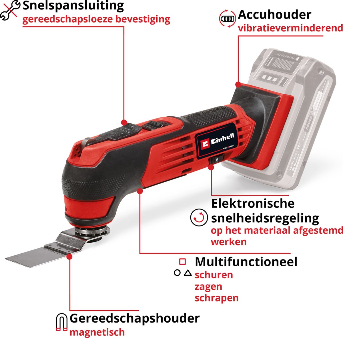 Einhell Accu Multitool TE-MG 18/1 Li Solo - Power X-Change - 18 V/Li-ion - Incl. 9x schuurpapier en 3 verschillende zaagbladen - Excl. accu en lader thumbnail 2