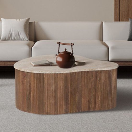 Paul 83 cm Table basse en bois de manguier avec travertin beige - Rousseau - Tables basses ovales - Beige - MDF - Tables basses ovales