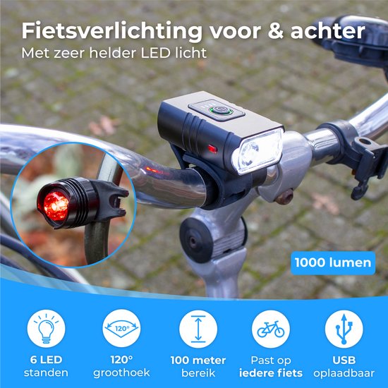 Nuvance Fietsverlichting - Fietslamp - 6 Standen - 1000 Lumen - Fietslampje - Voorlicht - Achterlicht - USB oplaadbaar van Nuvance — afbeelding 5