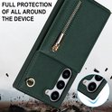 Gros plan de l'étui de téléphone vert foncé avec fermeture éclair, protégeant l'appareil photo et les bords.