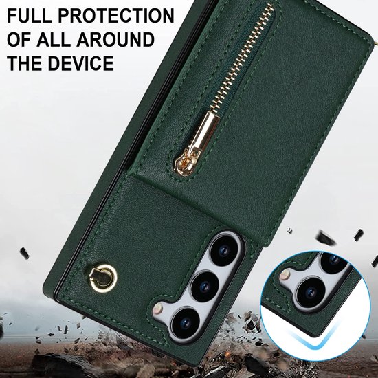 Gros plan de l'étui de téléphone vert foncé avec fermeture éclair, protégeant l'appareil photo et les bords.