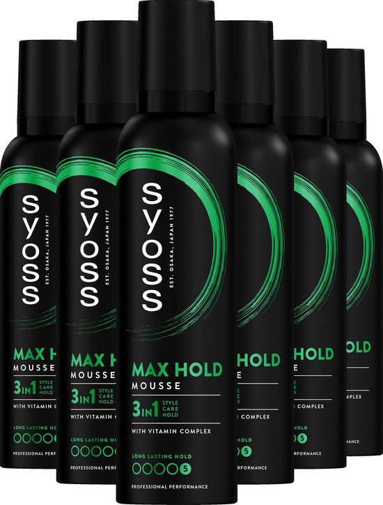 Six flacons noirs Syoss Max Hold Mousse alignés, avec inscription verte et blanche.