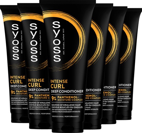Groep van zes zwarte tubes "Syoss Intense Curl Deep Conditioner" met gouden krullen en witte tekst.