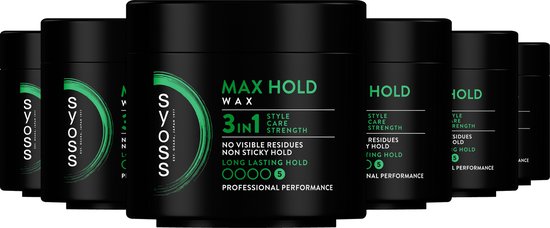 Zes zwarte potjes Syoss Max Hold Wax met groene accenten, op een witte achtergrond.