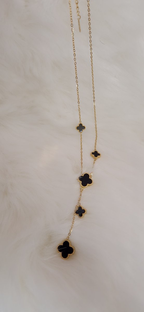 EHH Beauty -Lucky Klaver Ketting Met 5 Klavers zwart - Goudkleurig - Halsketting - Stainless steel - cadeau vrouw - Stropdas ketting