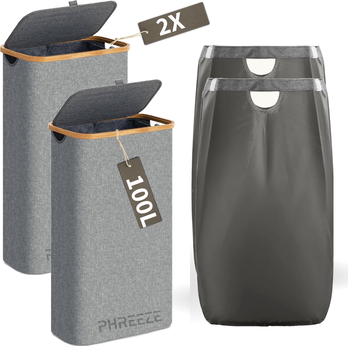 Goedkoopste Wasmand met Waszak - 100L - Groot formaat - Wasmand met deksel - Sterk materiaal - Wassorteerder - 2 Stuks - Grijs