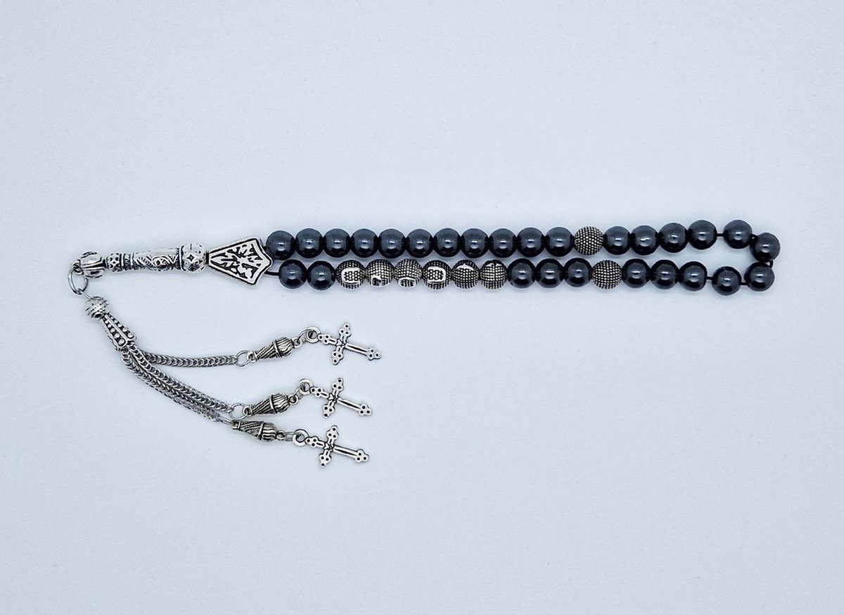 Handgemaakte naam tasbih 33 Kralen Natuursteen “Hematiet” - met metaal tassel “ Kruis"- Met je naam of de naam van uw geliefde- 8 mm diameter van de korrel