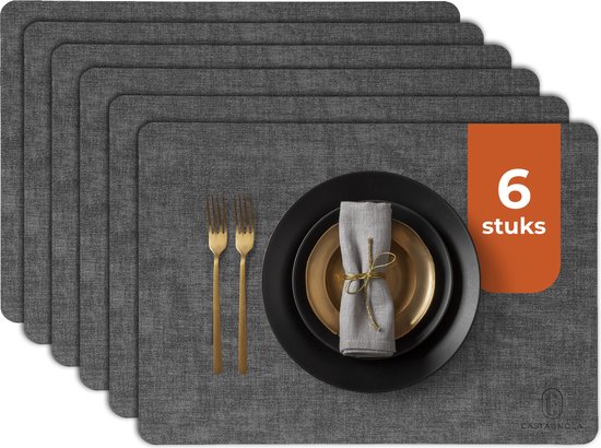 Castagnola Lederlook Placemats - Antislip Placemat van Kunstleer - Waterafstotende Onderlegger - Onderzetter - Placemats kunststof - 6 Stuks - 45 x 30 cm - Gemêleerd Zwart
