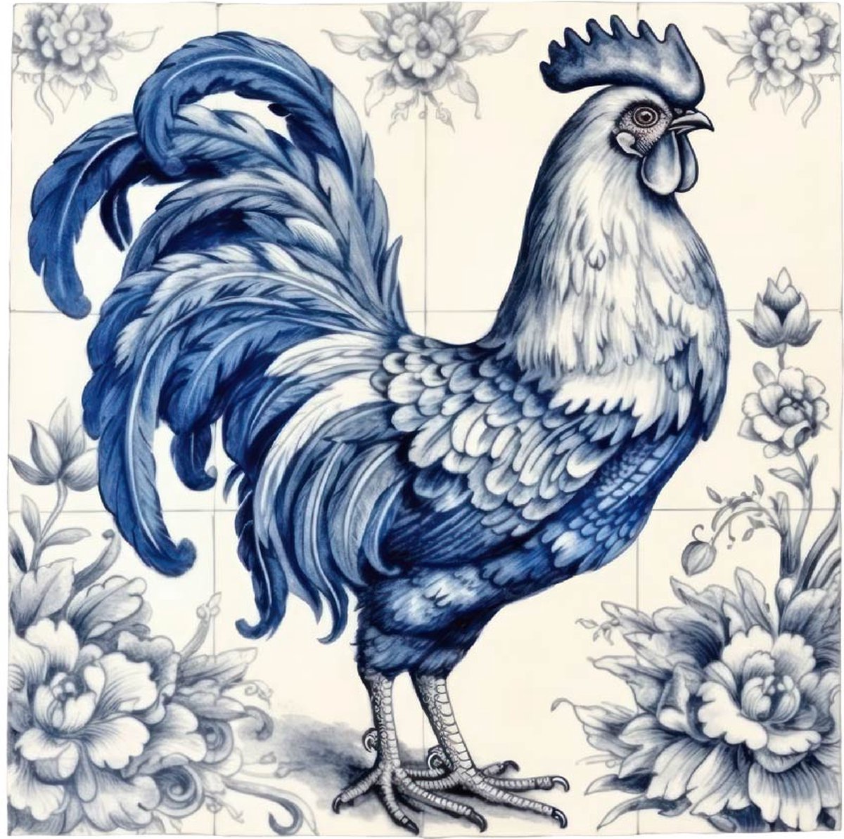 Tegelsticker Delfts Blauw met haan. Voor badkamer, keuken en toilet. Uniek design, nergens anders verkrijgbaar. Gemaakt van vinylfolie. Eenvoudig aanbrengen en verwijderen.