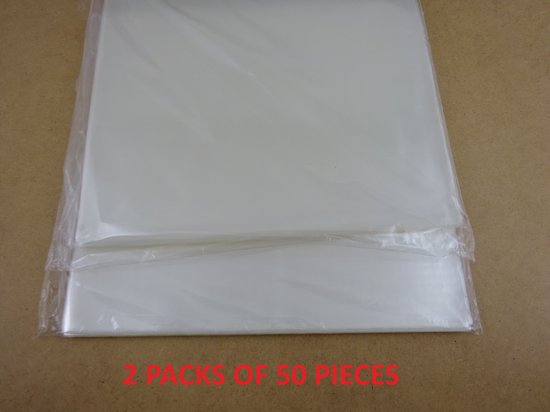 Twee pakken van 50 doorzichtige plastic hoezen, met rode tekst '2 PACKS OF 50 PIECES'.