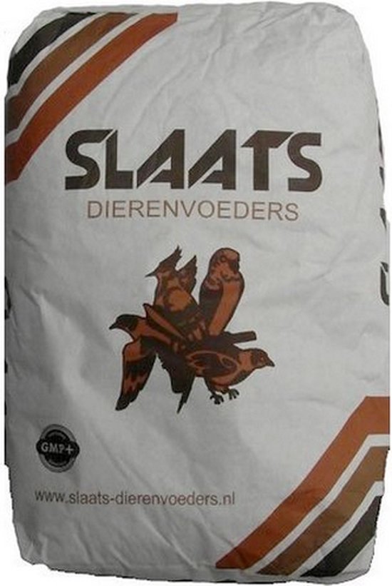 Witte zak Slaats DierenvFeeders met bruine strepen en vogels erop.