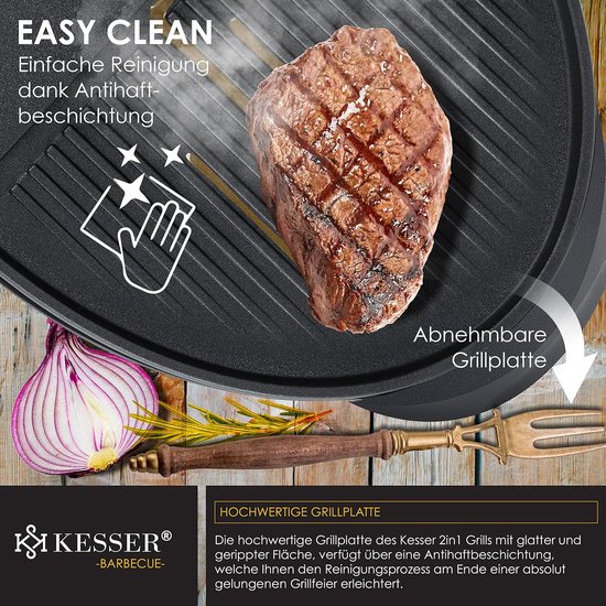 Kesser Tafelbarbecue, elektrisch, 2-in-1, met deksel en voet, max. 2400 watt, inklapbaar, thermometer, antiaanbaklaag, grillplaat en tafelblad, 2 wielen, zwart van KESSER — afbeelding 4