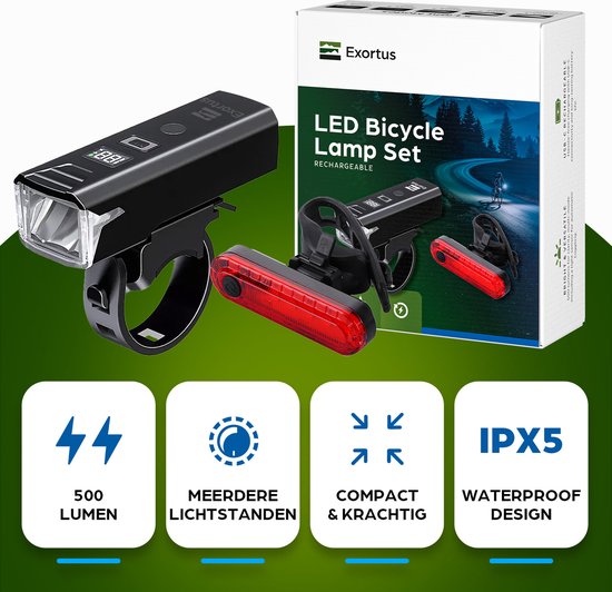 Exortus® Oplaadbare LED Fietsverlichting set - Fietslicht Set Wit En Rood - Fietslamp Geschikt Voor Elke (Race)fiets - Batterij Indicatie - Valbestendig & Waterdicht - Met licht sensormodus - Ook te gebruiken als zaklamp — afbeelding 5