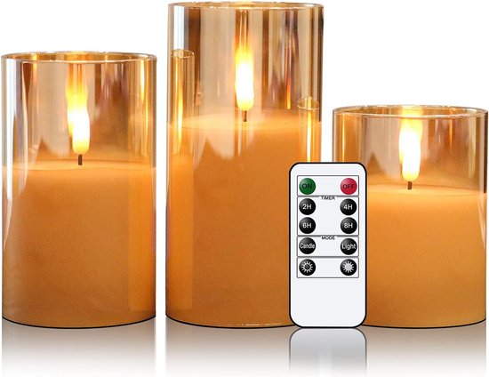 Eywamage Berkenschors vlamloze conische kaarsen met afstandsbediening, flikkerende LED wax batterij aangedreven kerst kandelaars set van 6