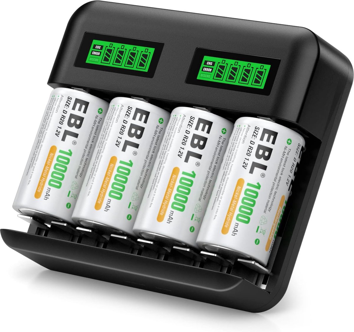 EBL Universele Batterijlader + 4x D Batterijen voor Oplaadbare AA, AAA, C & D Ni-MH Batterijen - Batterij oplader met LCD Scherm voor Oplaadbare batterijen