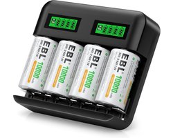 EBL Universele Batterijlader + 4x D Batterijen voor Oplaadbare AA, AAA, C & D Ni-MH Batterijen - Batterij oplader met LCD Scherm voor Oplaadbare batterijen