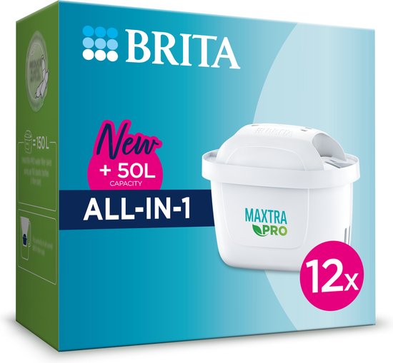 BRITA waterfilterpatroon 12 pack MAXTRA PRO All-in-1 - Originele navulling voor alle BRITA kannen voor puur smakend kraanwater - filtert verontreinigingen zoals PFAS*, chloor, kalkaanslag en metalen