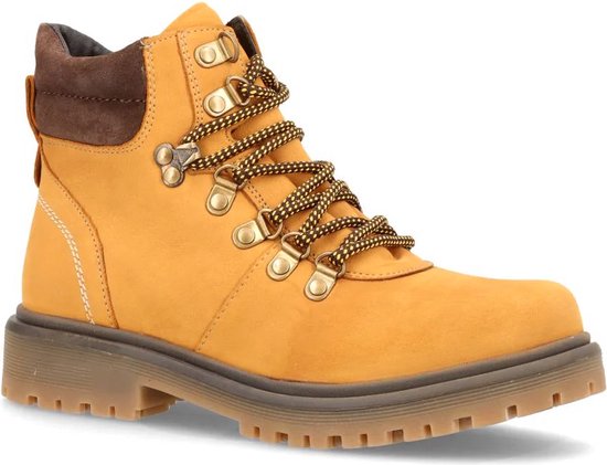 Gele leren veterboot met bruine details en dikke zool.