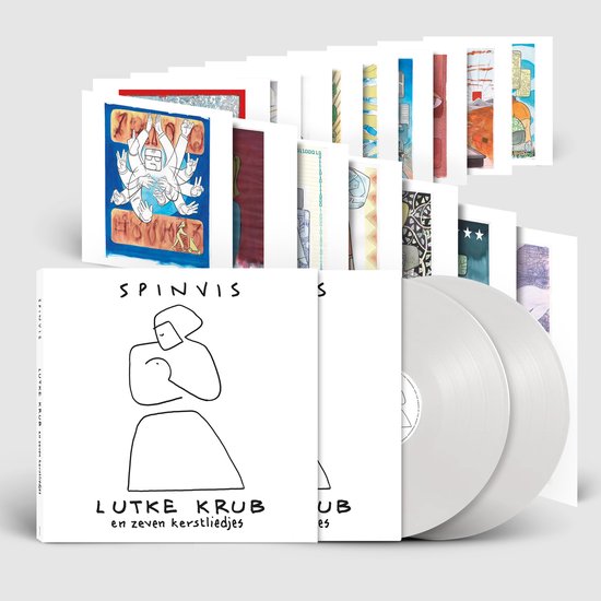 Box met 2 witte vinylplaten en boekjes met kinderlijke illustraties, met "SPINVIS LUTKE KRUB en zeven kerstliedjes" op de voorkant.