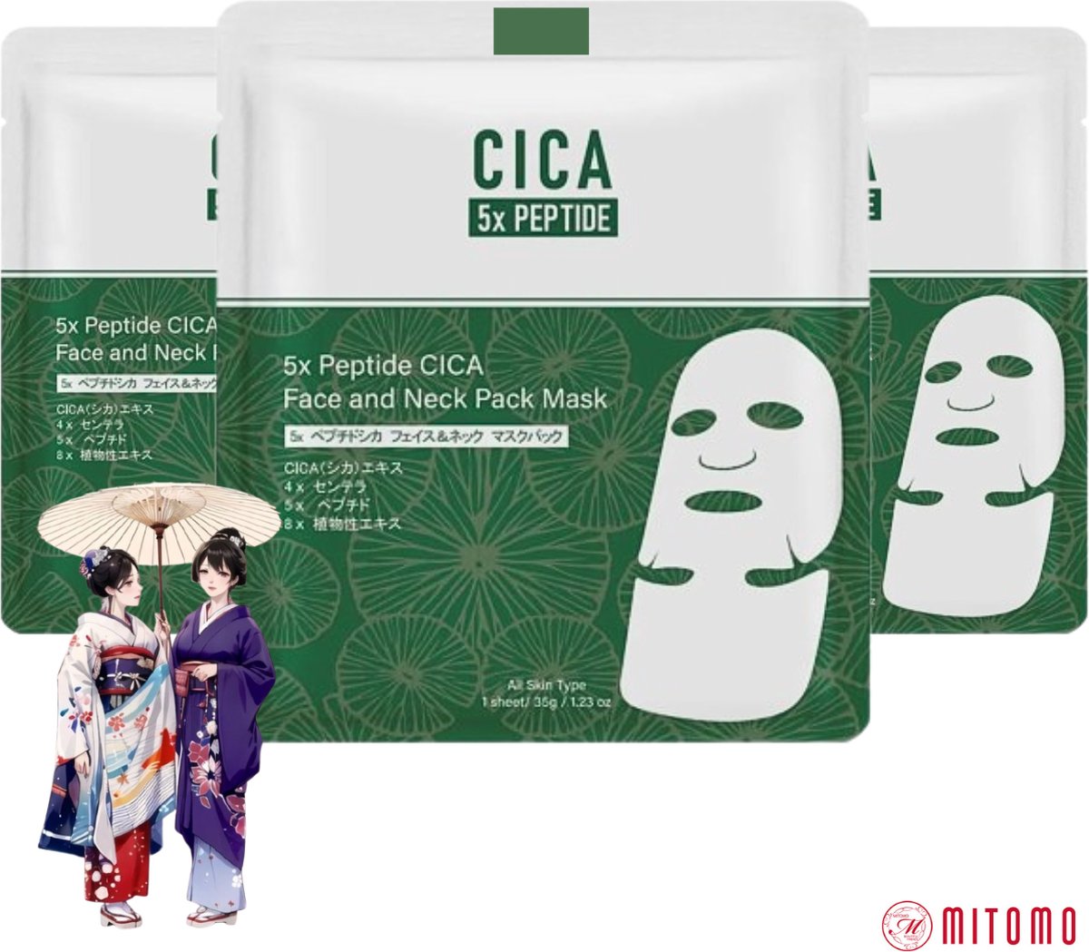 Mitomo - Cica Peptide Gezichtsmasker - Peptiden Face Mask - Voor Gezicht en Hals - Anti Aging Sheet Mask - 3 x 35g
