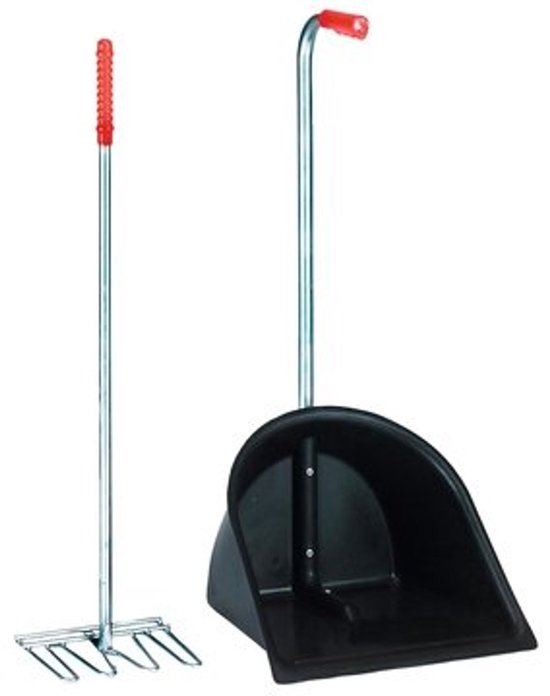 Zwarte schep met rode handgreep en een rode hark met metalen tanden, beide met een zilveren steel.