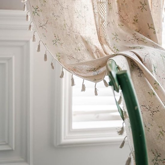 Floraweg Boho Rideaux à crochets en kanten patchwork semi-occultant imprimé floral bohème, pompons faits à la main, passe-tringle, traitement de fenêtre, rideaux de ferme rustiques vintage pour salon, chambre à coucher, 150 x 160 cm, imprimé floral