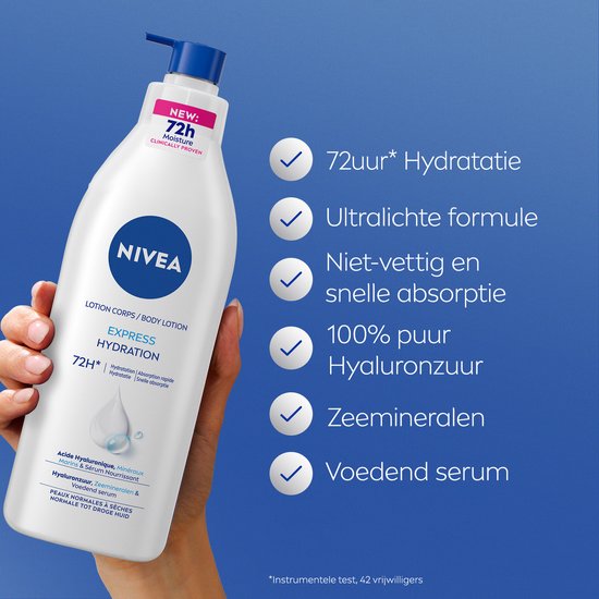 NIVEA Express Hydration lotion met pomp. 72u hydratatie, ultralichte formule, niet-vet, 100% hyaluronzuur, zeemineralen, voedend serum.