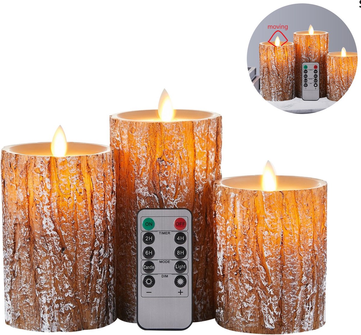 LED Kaarsen (set van 3)met bewegende vlam - LED verlichte lantaarn - kerst decoratie- Elektrische Kaarsen met Afstandsbediening - kerstverlichtingen -Echte Wax - pine bark cover zuil berkeneffect - Dimbaar en Timer Functie