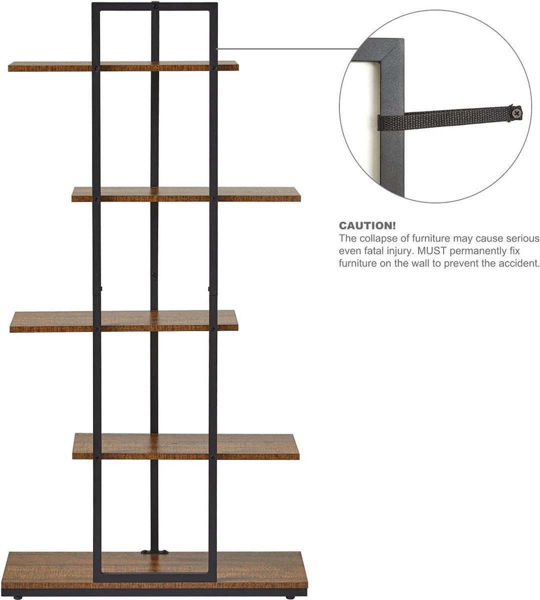 Mondeer Bookshelf, 5 Tier Standing Bookcase, Asymmetric Staggered Display Shelf, Plant Shelf, Industrial Style, for Living Room, Bedroom, Home Office
