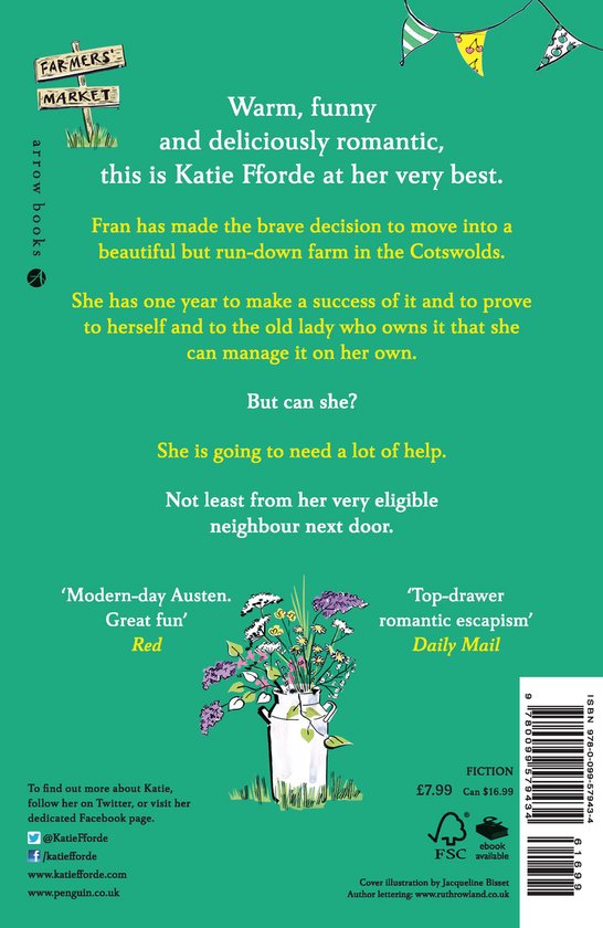Achterkant van het boek 'A Country Escape' met recensies, een illustratie van een bos bloemen in een emmer en informatie over de auteur.
