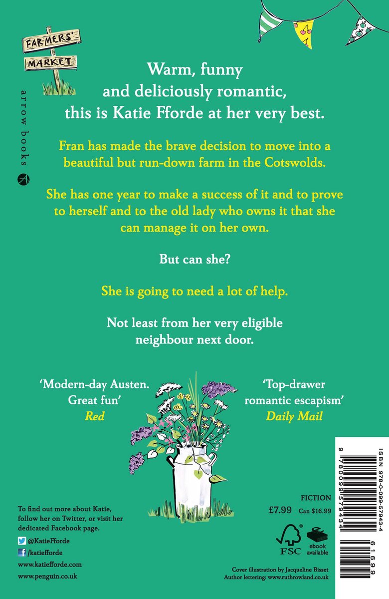 Achterkant van het boek 'A Country Escape' met recensies, een illustratie van een bos bloemen in een emmer en informatie over de auteur.