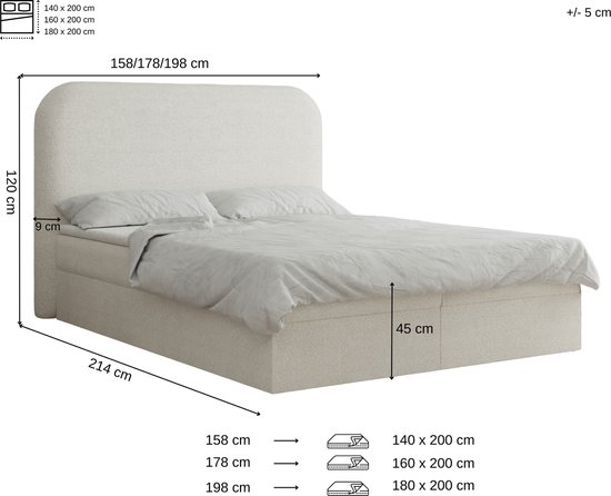 Lit à sommier tapissier 07 (Bonell, Topper, Bouclé, lit double tête de lit rembourrée avec sommier à lattes) - Gris clair (Anthology 15)