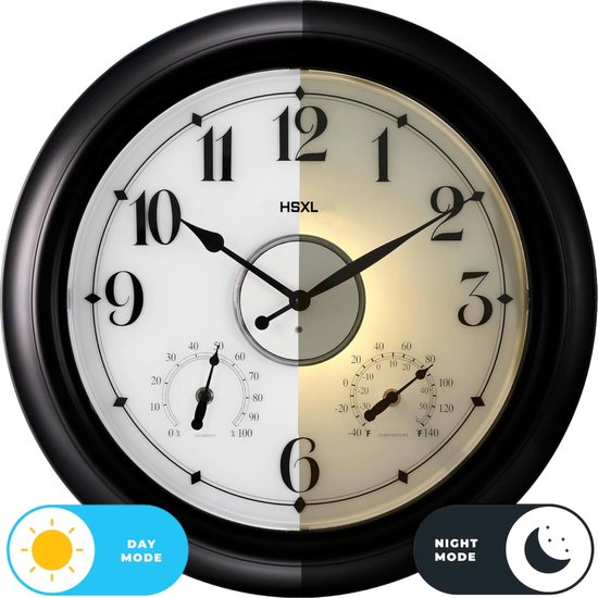 HSXL - Grande horloge murale rurale lumineuse et silencieuse de 45 cm - Intérieur ou extérieur - 45 cm - Étanche avec Siècle des Lumières intelligent (3 modes) - Klok industrielle lumineuse avec thermomètre et hygromètre - Zwart huilé / Bronze foncé