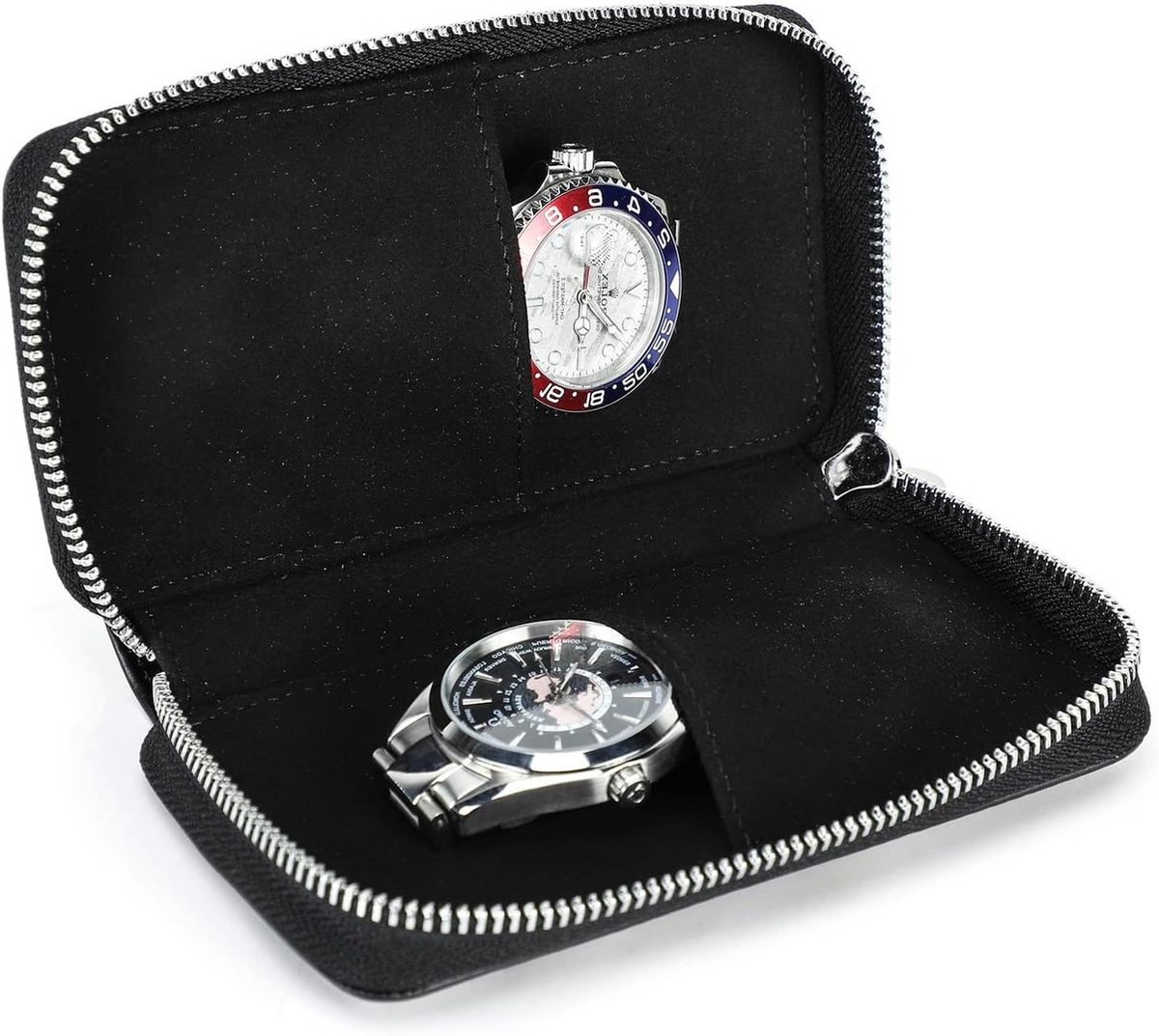 Horloge Travel Case 2 Horloges - Handgemaakte Lederen Opbergdoos - Draagbare Organizer (zwart)