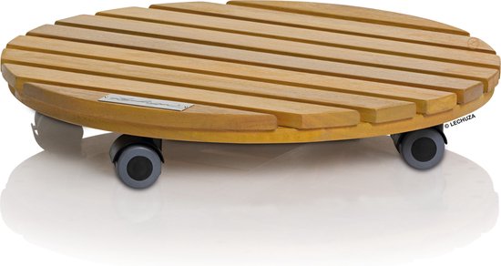 LECHUZA Dessous de verre bois naturel 40 rond - Rouleau à plantes - FSC® 100% bois d'eucalyptus - diamètre 40 cm - 4 roulettes