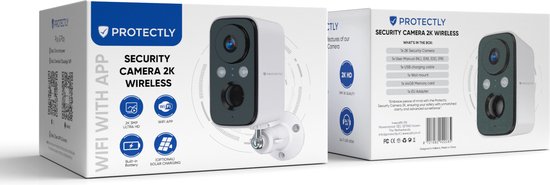 De verpakking toont een zwarte beveiligingscamera 2K Wireless, met wifi-icoon en batterij-icoon.