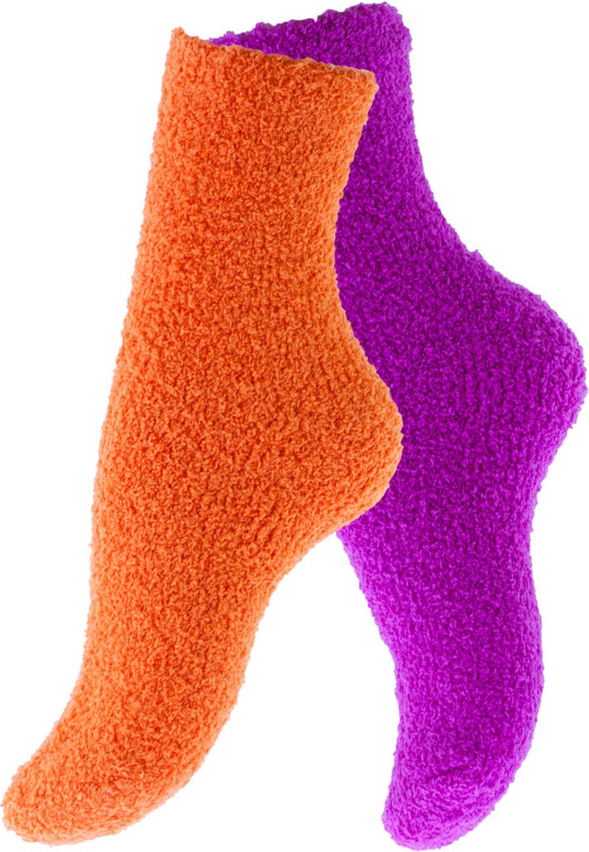 Calzera Fluffy Sokken Dames - 2 Paar - Oranje/Roze - Huissokken - Badstof - Dikke Wintersokken - Cadeau voor haar - Housewarming - Verjaardag - Vrouw - Maat 35-42