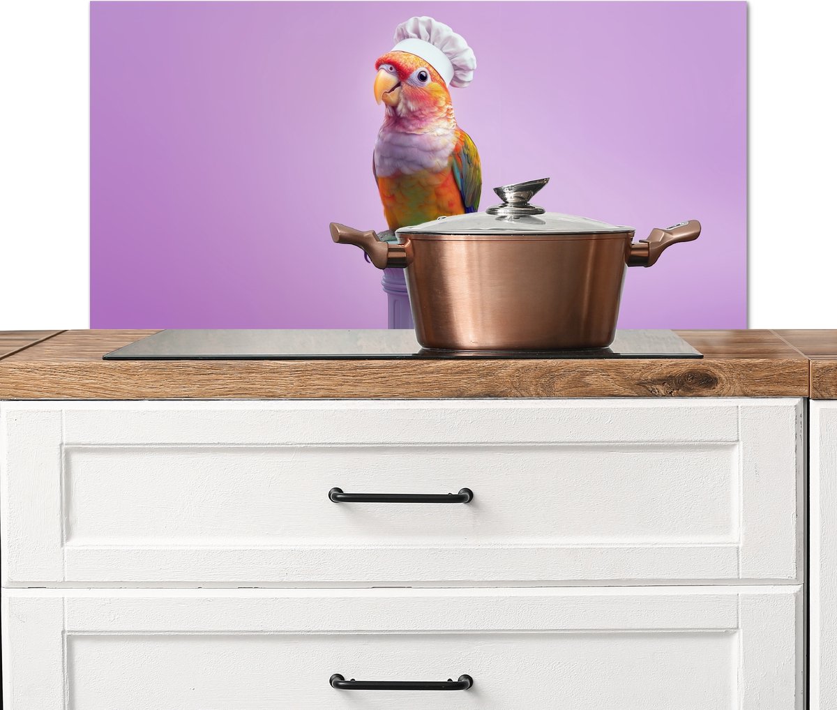 Spatscherm keuken 90x45 cm - Kookplaat achterwand Papegaai - Koksmuts - Pilaar - Vogel - Muurbeschermer - Spatwand fornuis - Hoogwaardig aluminium