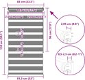 Technische tekening met afmetingen van een grijs rolgordijn met horizontale banen.