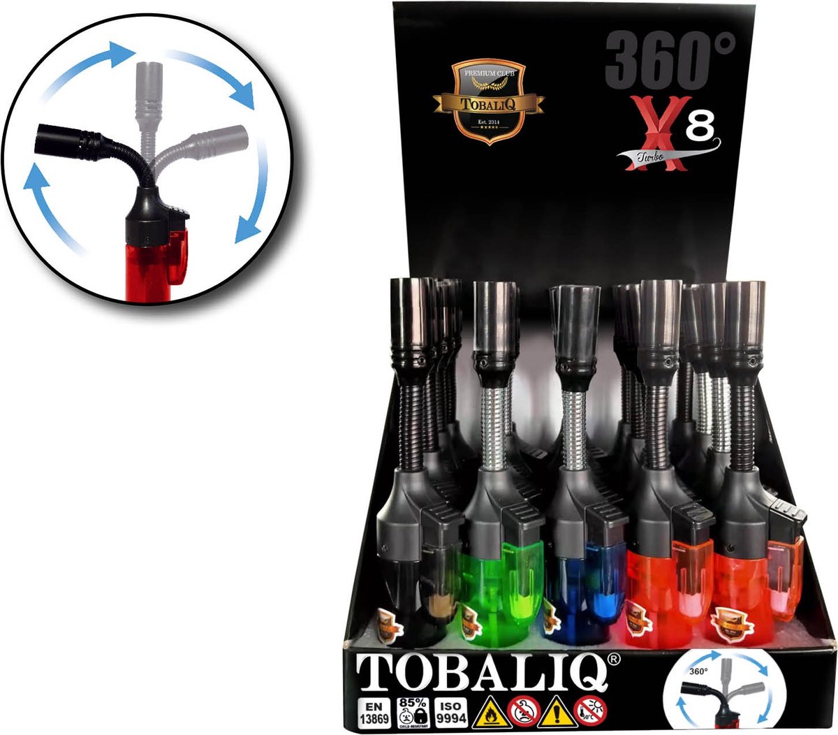Goedkoopste Tobaliq - Hervulbare Aansteker - Vuurwerk Aansteker - Gasbrander - Gasaansteker - BBQ - Windproof - Jet-aanstekers Brander - FLEXI 360° X8 - Display van 20 stuks