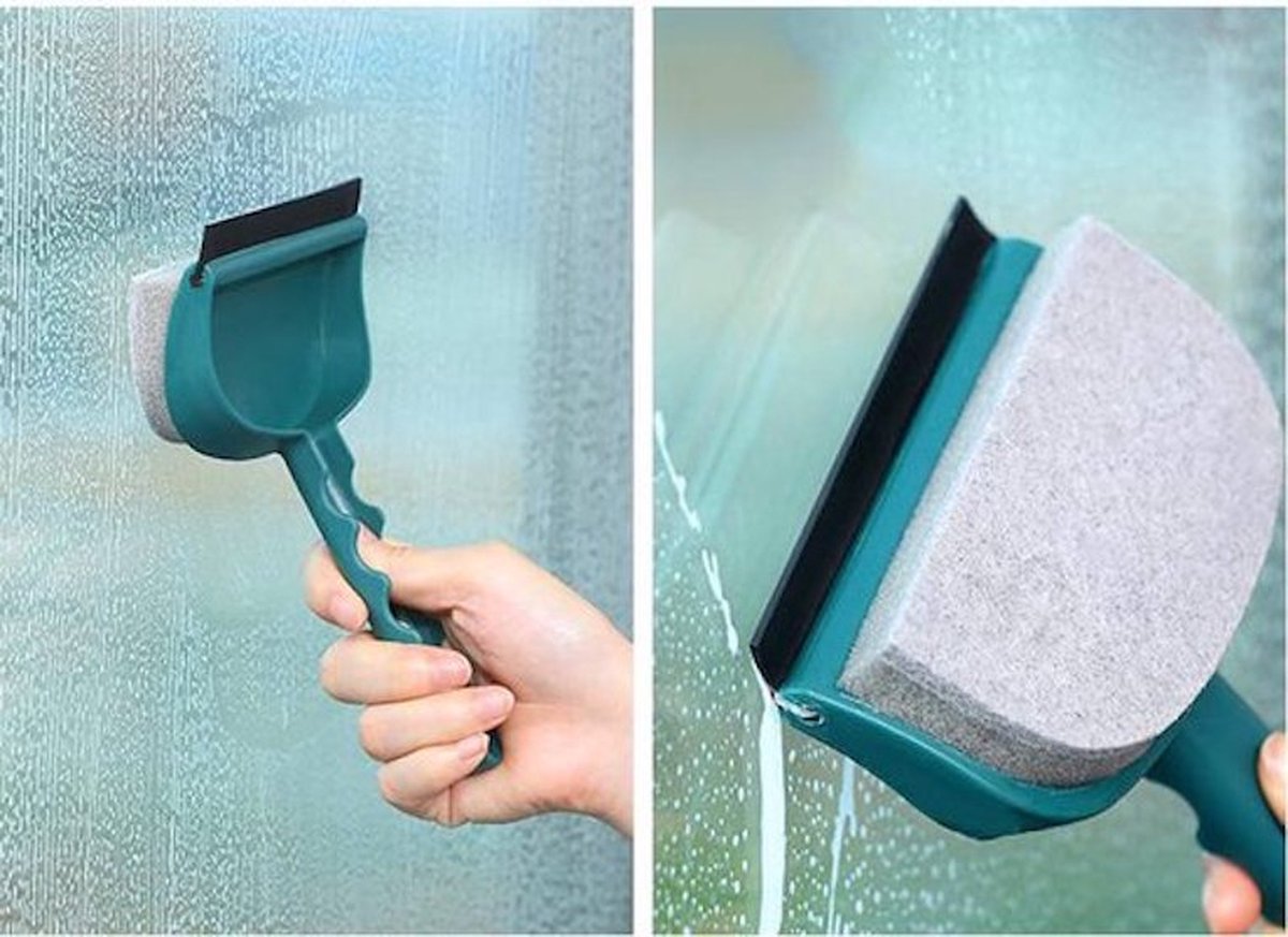 Goedkoopste Repus - Groen - Kleine 2-in-1 Reinigingsborstel - Raamwisser & Spons - Glas - Douche - Spiegel - Badkamer - Keuken - Ook handig voor in de Auto