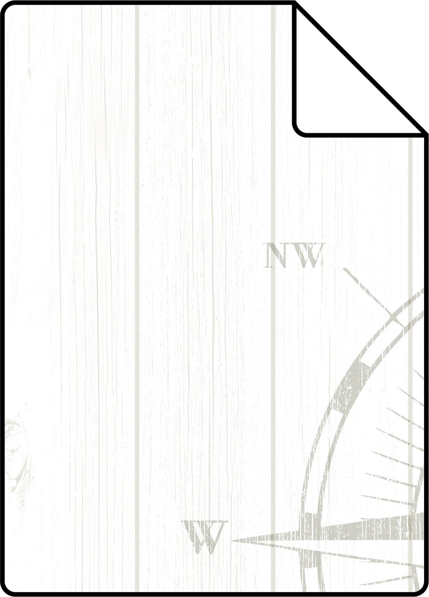 Proefstaal ESTAhome behang kompasroos op sloophout zilver en wit - 26.5 x 21 cm - 138974-S