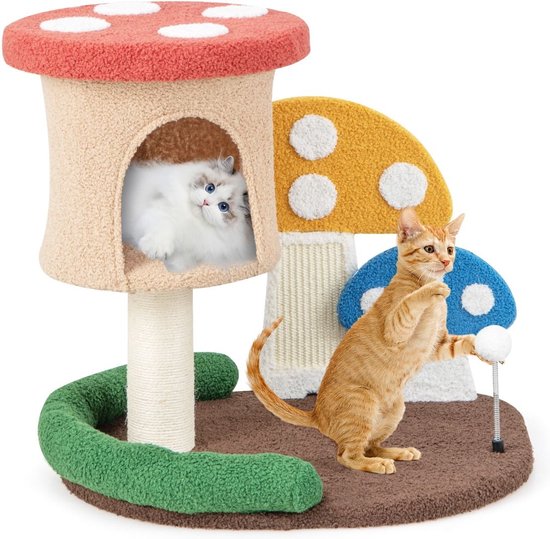 Arbre à chat pour chat Aspect champignon 60 x 49 x 59 cm - Arbre à chat avec panier pour chat - Griffoir en sisal et balle jouet